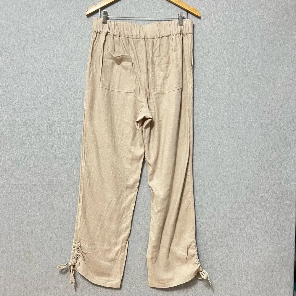 d&co Naturals Linen Blend Pull On Pants Size Small Tan Cinched Tie Ankles Beach